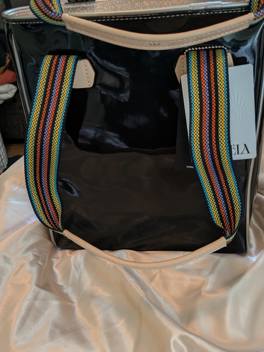 CONSULA Black Patent & Floral Embroidered Tote with Multicolor Accents - Picture 5 of 14